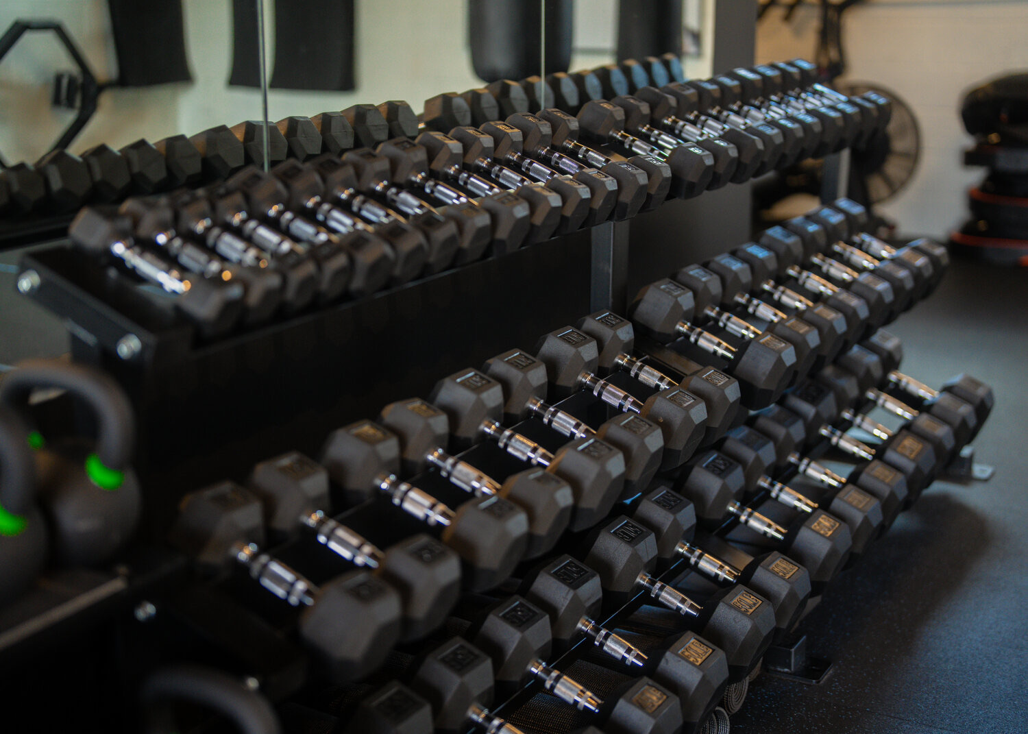 Rows of dumbbells racked in the SWC gym
